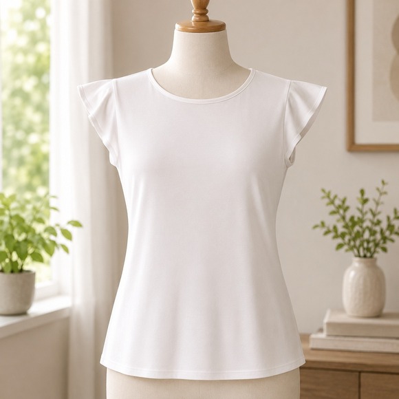 T Tahari Tops - NWT T Tahari Flutter Sleeve Top Women Small Sand Beige‎ Satin Trim TH41102NR